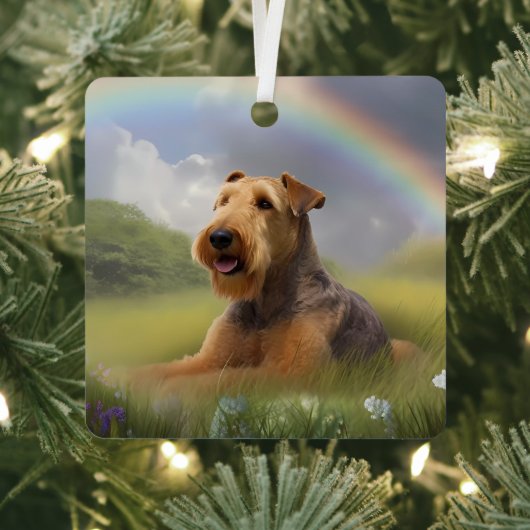 Airedale Terrier Rainbow Bridge Memorial Custom Metalen Ornament (Insitu)