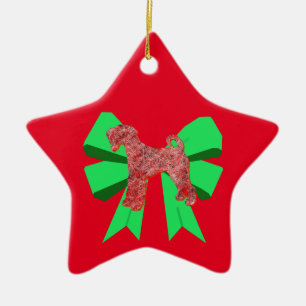 Airedale Terrier Red Dog & Green Bow Kerstmis Keramisch Ornament