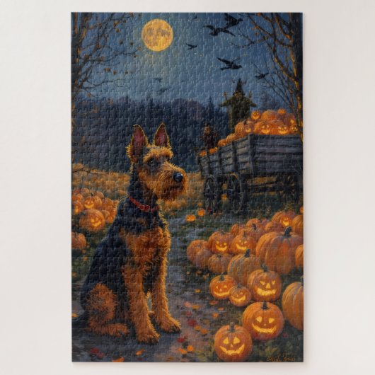 Airedale Terrier Rustische Halloween Pompoen Vlek Legpuzzel (Verticaal)