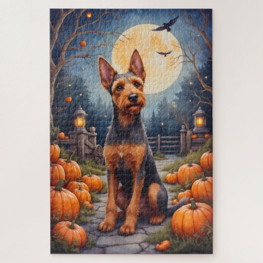 Airedale Terrier Rustische Halloween Pompoen Vlek Legpuzzel (Verticaal)