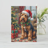 Airedale Terrier Santa Hat Christmas Fun Art Feestdagenkaart (Staand voorkant)