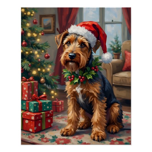 Airedale Terrier Santa Hat Christmas Fun Art Perfect Poster (Voorkant)