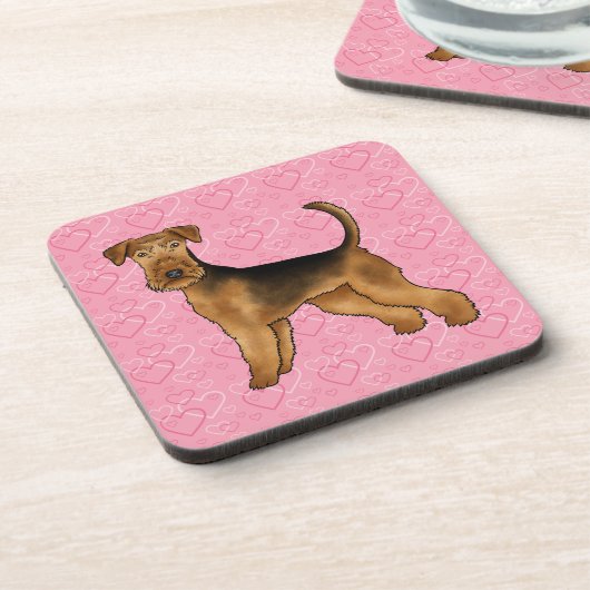 Airedale Terrier Schattige Cartoon Dog met roze ha Bier Onderzetter (Linkerzijde)