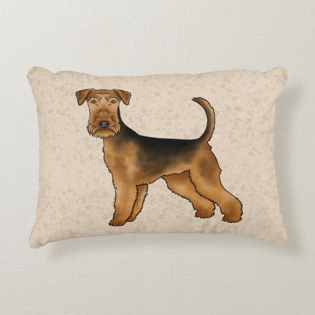 Airedale Terrier Schattige Cartoon Hond Op Beige Accent Kussen (Voorkant)
