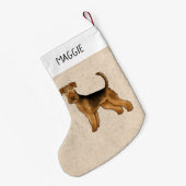 Airedale Terrier Schattigee Cartoon Dog en Naam Be Kleine Kerstsok (Achterkant (Hangend))