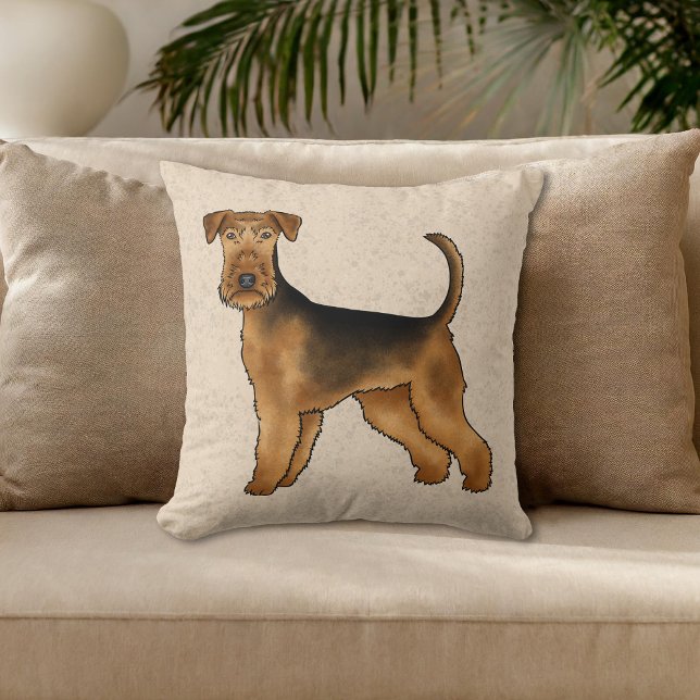Airedale Terrier Schattigee Cartoon Dog op Beige Kussen (Please note: This image is a digital mockup. The product may not be in scale.)
