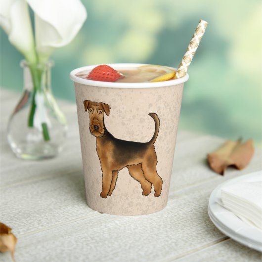 Airedale Terrier Schattigee Cartoon Dog op Beige Papieren Bekers (Insitu)