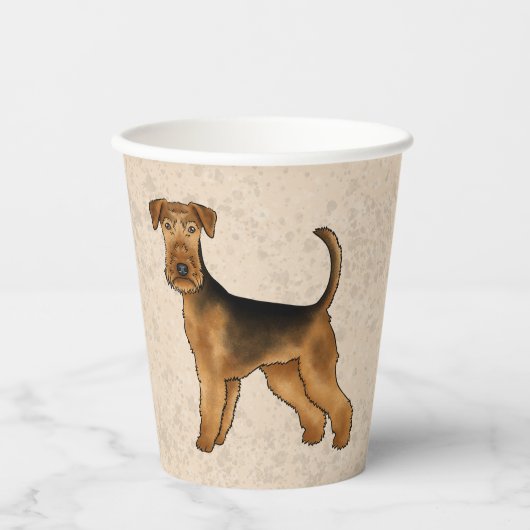 Airedale Terrier Schattigee Cartoon Dog op Beige Papieren Bekers (Voorkant)