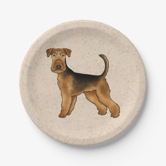 Airedale Terrier Schattigee Cartoon Dog op Beige Papieren Bordje (Voorkant)
