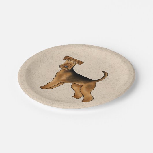 Airedale Terrier Schattigee Cartoon Dog op Beige Papieren Bordje (Gekanteld)