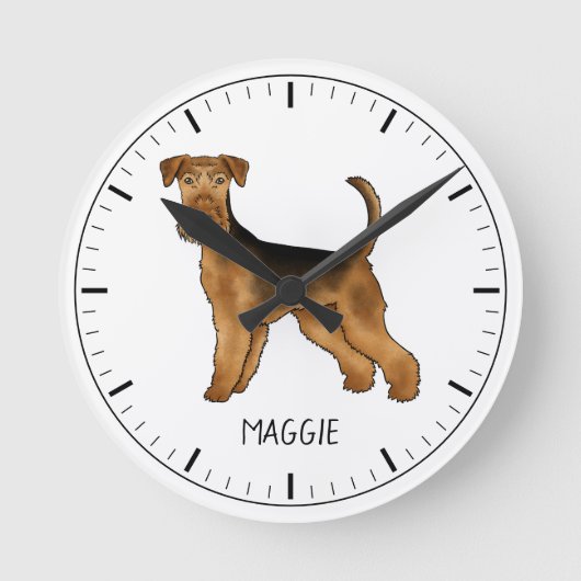 Airedale Terrier Schattigee cartoon hond en aangep Ronde Klok (Voorkant)