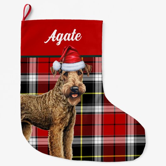 Airedale Terrier Schattigee hond Plaid Christmas S Grote Kerstsok (Voorkant)