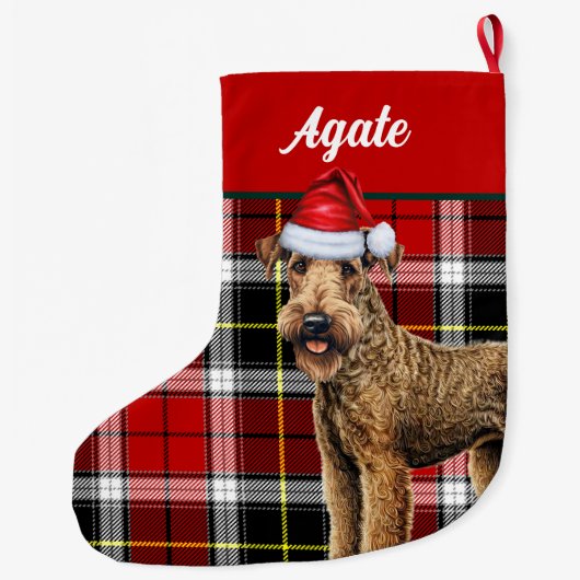 Airedale Terrier Schattigee hond Plaid Christmas S Grote Kerstsok (Achterkant)
