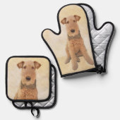 Airedale Terrier Schilderen Schattigee Originele H Ovenwant & Pannenlap Set (Voorkant / Achterkant)