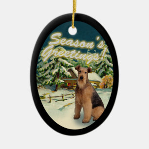 Airedale Terrier Snow Cabin kerstversiering Keramisch Ornament