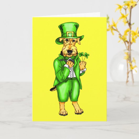 Airedale Terrier St Patrick's Day Leprechaun Kaart (Gele Bloem)