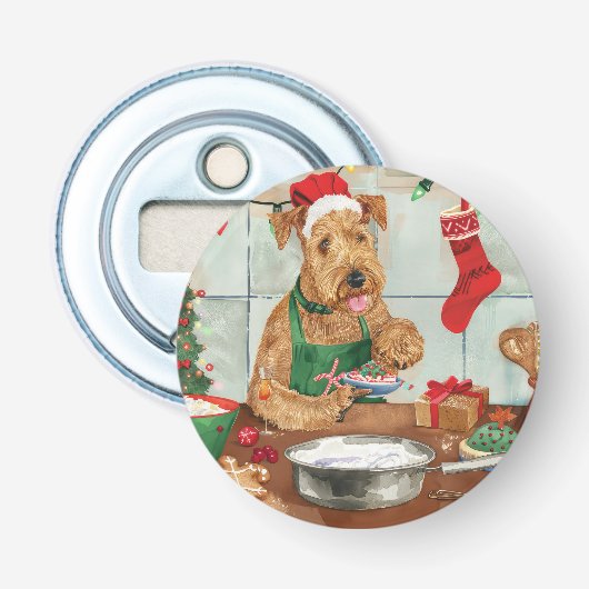 Airedale Terrier Vakantie Bakken: Festive Kerstmis Button Flesopener (Voorkant)