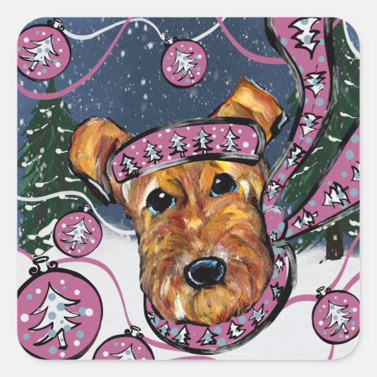AIREDALE TERRIER VIERKANTE STICKER (Voorkant)