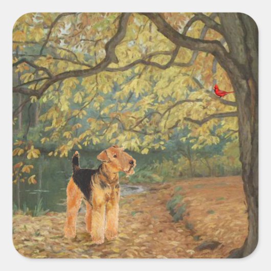 Airedale Terrier Vogels Kijken Vierkante Sticker (Voorkant)