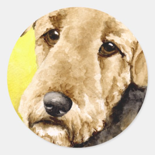 Airedale Terrier Waterverf Portret Ronde Sticker (Voorkant)