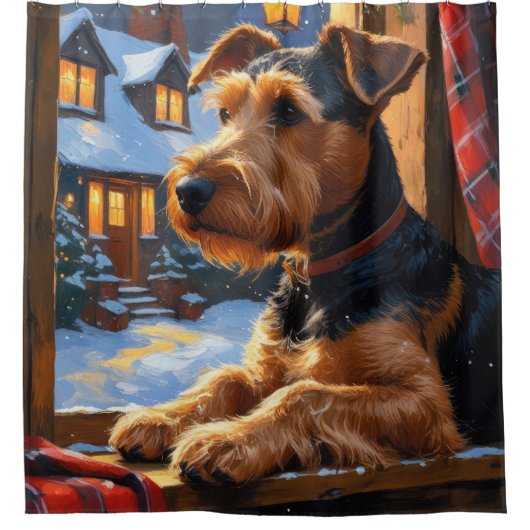 Airedale Terrier With Christmas Lights Holiday  Douchegordijn (Voorkant)