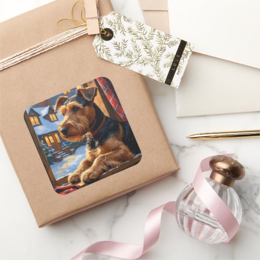 Airedale Terrier With Christmas Lights Holiday  Vierkante Sticker (Geschenken)