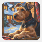 Airedale Terrier With Christmas Lights Holiday  Vierkante Sticker (Voorkant)