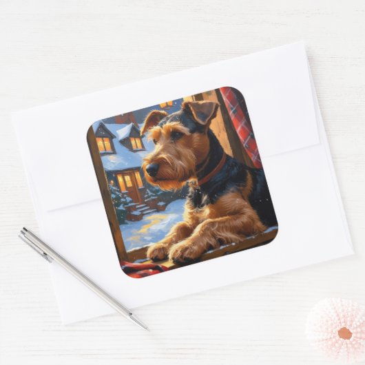 Airedale Terrier With Christmas Lights Holiday  Vierkante Sticker (Envelop)
