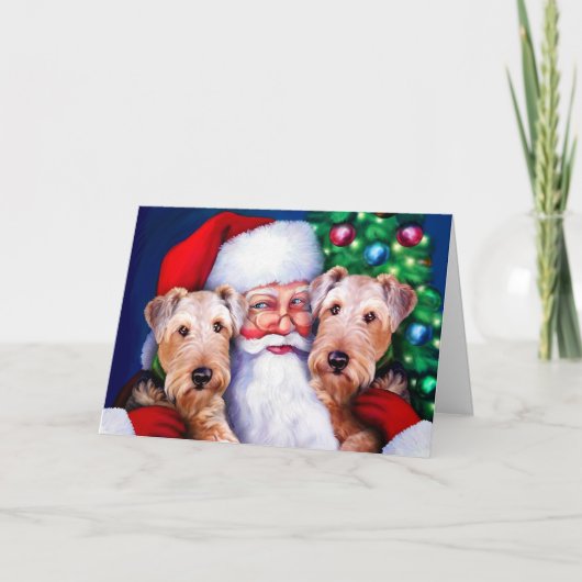 Airedale Terriers van de kerstman bij Kerstmis Feestdagen Kaart (Voorkant)