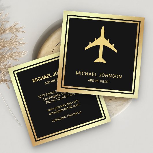 Airline Pilot Black Gold Foil Vliegtuig Vierkante Visitekaartje