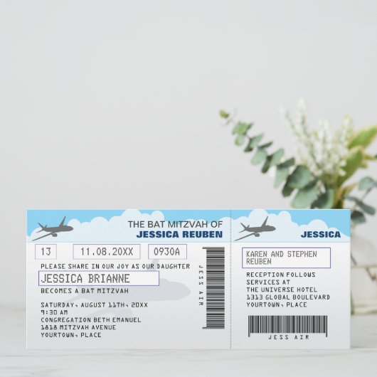 Airline Ticket Bar Bat Mitzvah Kaart (Staand voorkant)