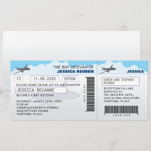 Airline Ticket Bar Bat Mitzvah Kaart (Voorkant / Achterkant)