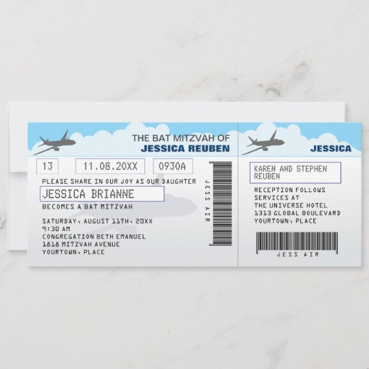 Airline Ticket Bar Bat Mitzvah Kaart (Voorkant)