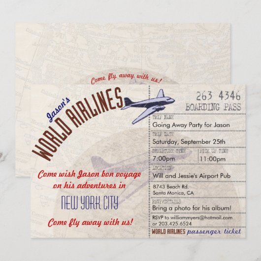 Airline Ticket Bon Voyage Party Uitnodiging (Voorkant / Achterkant)