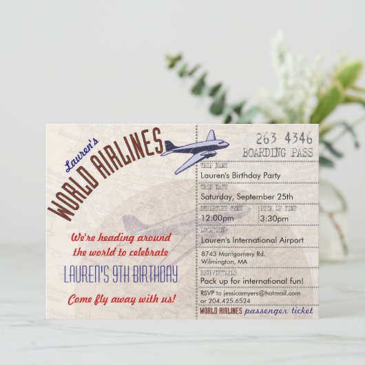 Airline Ticket Destination Party Invitation Kaart (Staand voorkant)
