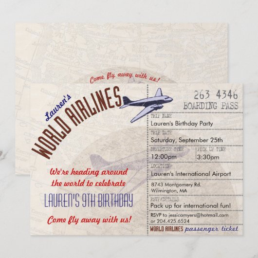 Airline Ticket Destination Party Invitation Kaart (Voorkant / Achterkant)