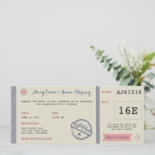 Airline Ticket Destination Wedding Invitation Kaart (Staand voorkant)