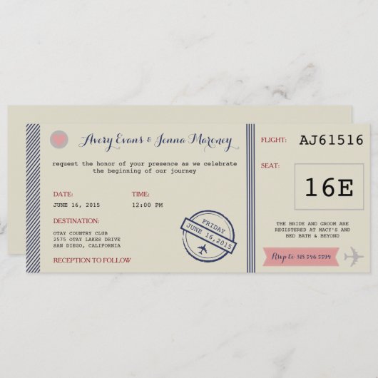 Airline Ticket Destination Wedding Invitation Kaart (Voorkant / Achterkant)