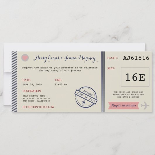 Airline Ticket Destination Wedding Invitation Kaart (Voorkant)