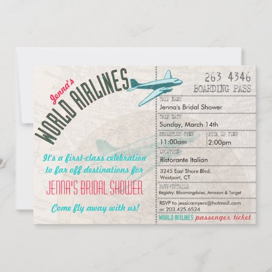 Airline Ticket DestinationBridal Shower Invitation Kaart (Voorkant)