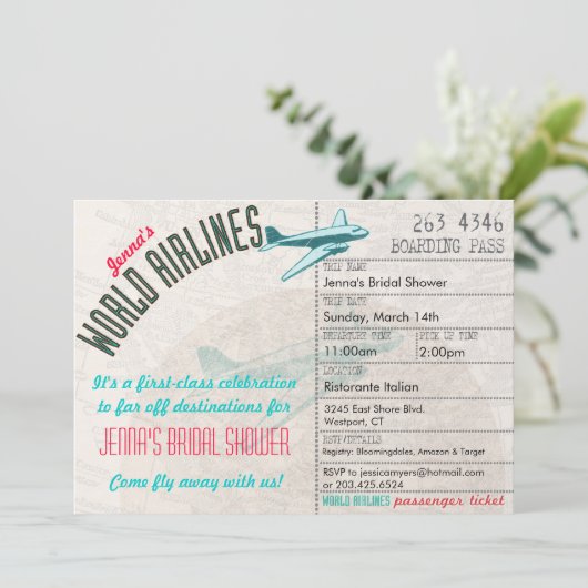 Airline Ticket DestinationBridal Shower Invitation Kaart (Staand voorkant)