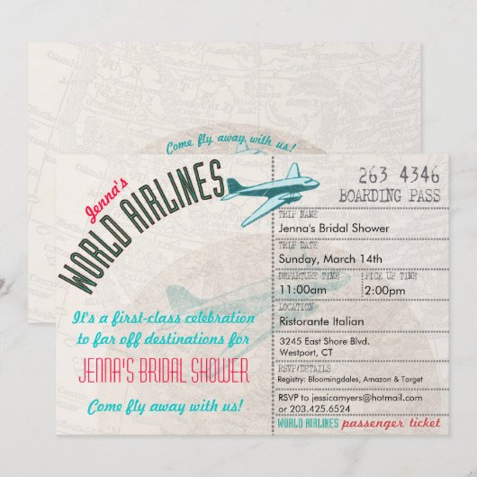 Airline Ticket DestinationBridal Shower Invitation Kaart (Voorkant / Achterkant)