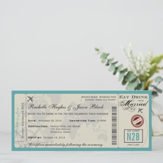 Airline Ticket Wedding Invitation UNLOCKED Kaart (Staand voorkant)