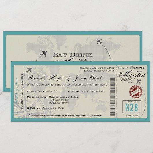 Airline Ticket Wedding Invitation UNLOCKED Kaart (Voorkant / Achterkant)