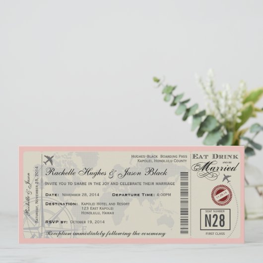 Airline Ticket Wedding Uitnodiging (Staand voorkant)