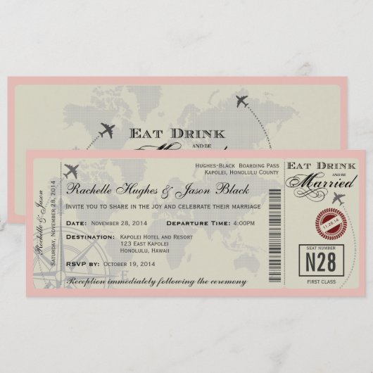 Airline Ticket Wedding Uitnodiging (Voorkant / Achterkant)