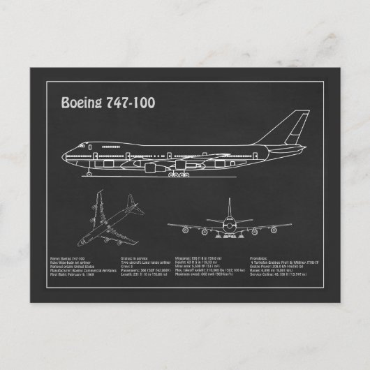 Airliner 747 - Vliegtuigblauwdruk Tekenplannen PD Briefkaart (Voorkant)