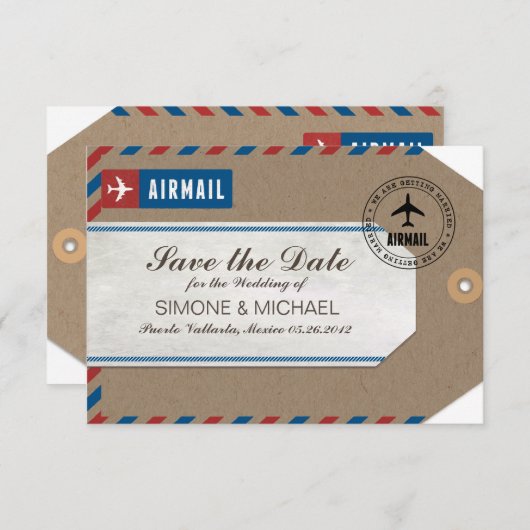 Airmail Bagagelabel Wedding Save Date Kraft Paper Save The Date (Voorkant / Achterkant)