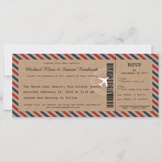 Airmail Boarding Pass Wedding Invitation and RSVP Kaart (Voorkant)