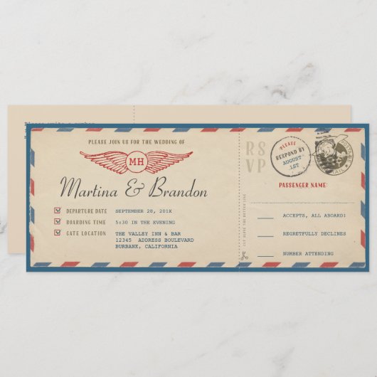 Airmail Boarding Pass Weduwen Uitnodiging (Voorkant / Achterkant)